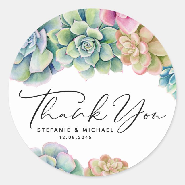Watercolor Succulents Summer Wedding Thank You Classic Round Sticker (Front)