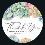 Watercolor Succulents Summer Wedding Thank You Classic Round Sticker<br><div class="desc">Add a boho accent to your cards and envelopes with these customizable wedding stickers. It features watercolour pink,  green,  blue and gold succulents. Personalize by adding your details. These succulent stickers are perfect for summer weddings,  bridal showers,  baby showers,  birthdays and more.</div>
