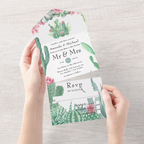 Watercolor Succulents Wedding All In One Invitation