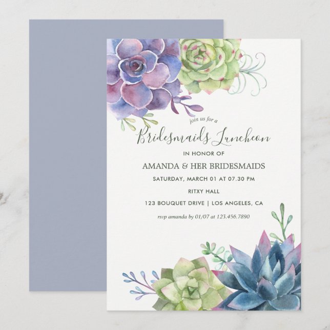 Watercolor Succulents Wedding Bridesmaids Luncheon Invitation (Front/Back)
