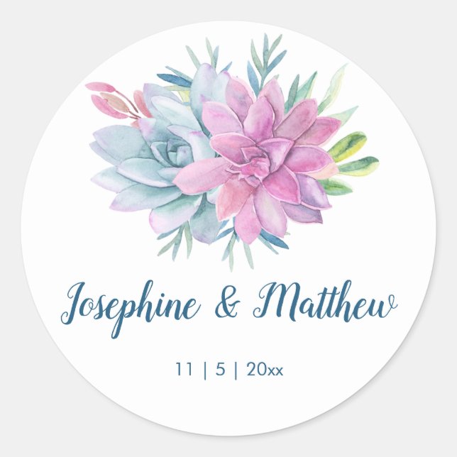 Watercolor Succulents Wedding Classic Round Sticker (Front)