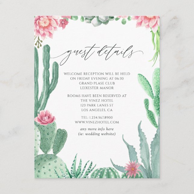 Watercolor Succulents Wedding Guest Details Enclosure Card (Front)