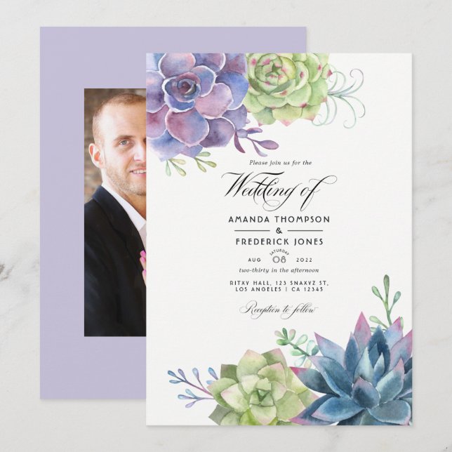 Watercolor Succulents Wedding Photo Invitation (Front/Back)