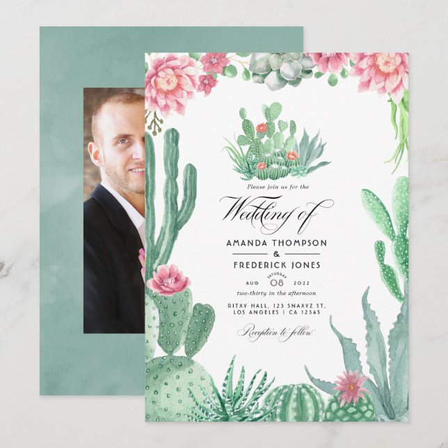 Watercolor Succulents Wedding Photo Invitation (Front/Back)