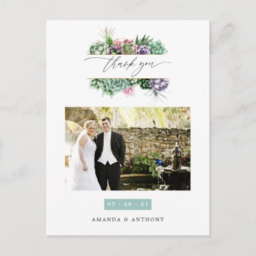 Watercolor Succulents Wedding Photo Thank You Postcard