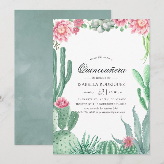 Watercolor Succulents Wedding Quinceañera Invitation (Front/Back)