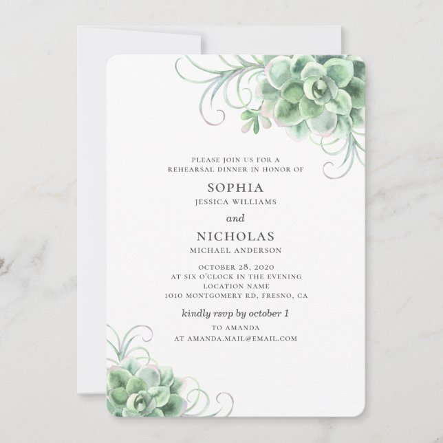 Watercolor succulents wedding rehearsal dinner invitation (Front)