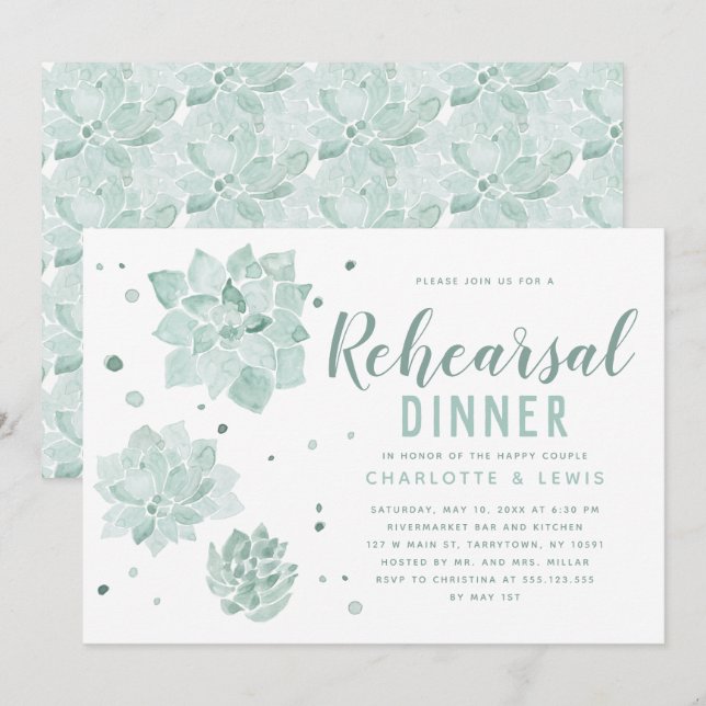 Watercolor Succulents Wedding Rehearsal Dinner Invitation (Front/Back)