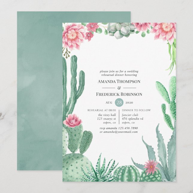 Watercolor Succulents Wedding Rehearsal Dinner Invitation (Front/Back)
