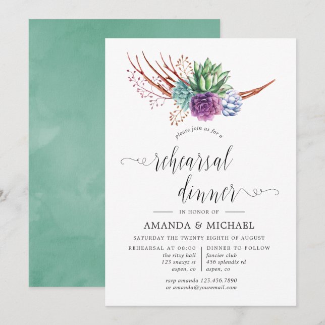 Watercolor Succulents Wedding Rehearsal Dinner Invitation (Front/Back)