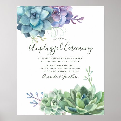 Watercolor Succulents Wedding Unplugged Ceremony Poster