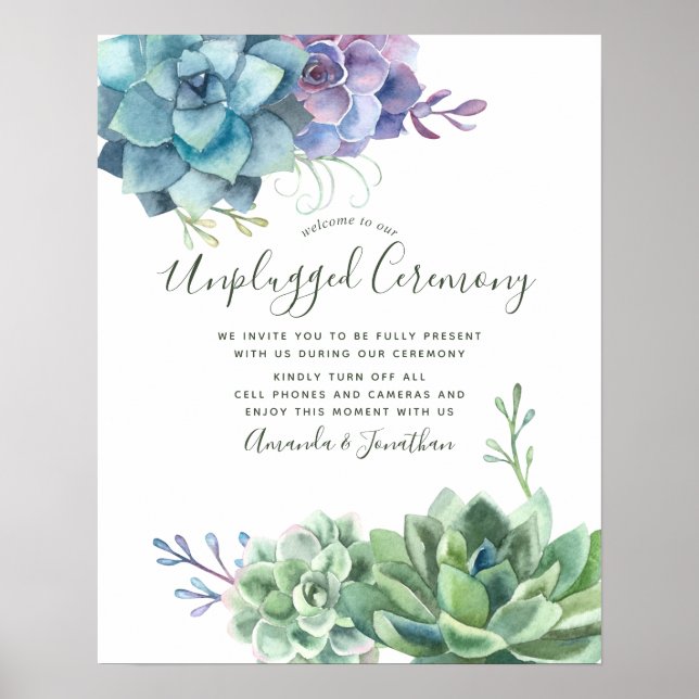 Watercolor Succulents Wedding Unplugged Ceremony Poster (Front)