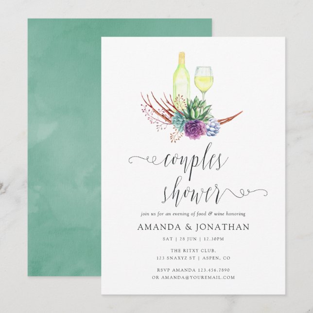 Watercolor Succulents Wine Tasting Couples Shower Invitation (Front/Back)