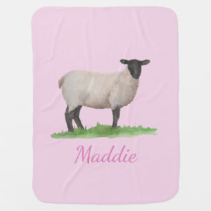 Watercolor Suffolk Sheep Ewe on Pink Stroller Blanket