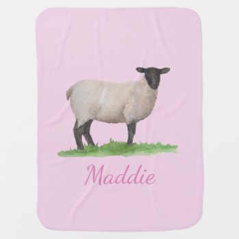 Watercolor Suffolk Sheep Ewe On Pink Stroller Blanket by PandaCatGallery at Zazzle
