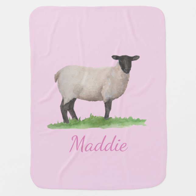 Watercolor Suffolk Sheep Ewe on Pink Stroller Blanket (Front)