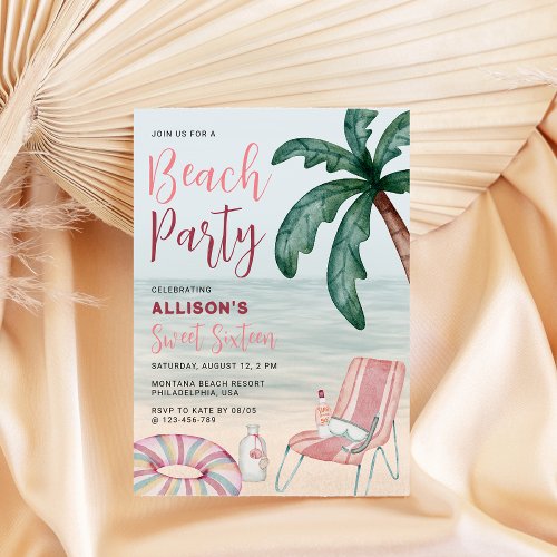 Watercolor Summer Beach Front Sweet Sixteen Invitation