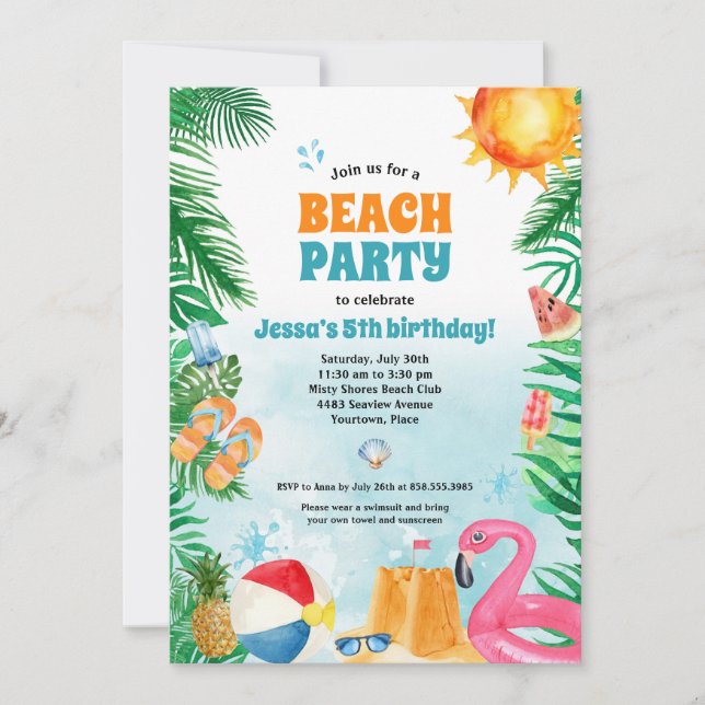 Watercolor Summer Beach Party Invitation (Front)