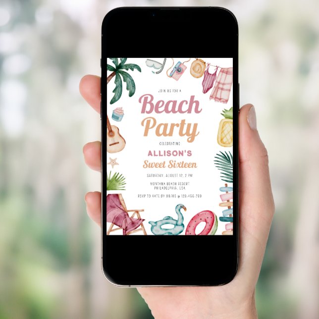 Watercolor Summer Beach Sweet Sixteen Invitation (Front Digital)