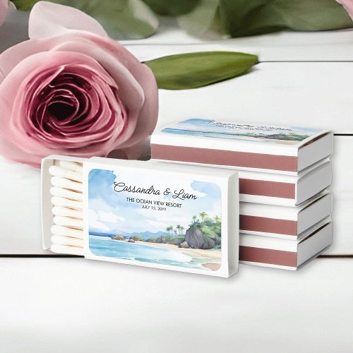 Watercolor Summer Beach Themed Wedding Favor Matchboxes