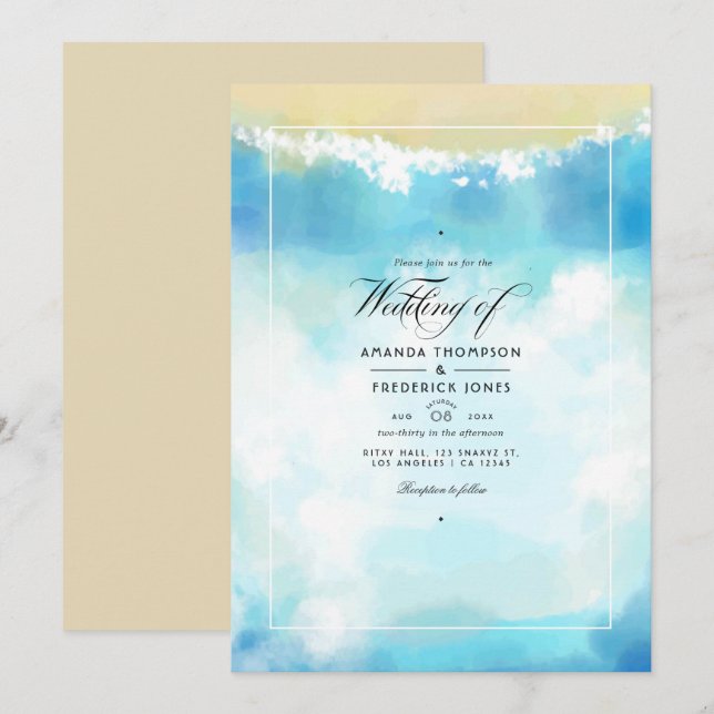 Watercolor Summer Beach Wedding Invitation (Front/Back)