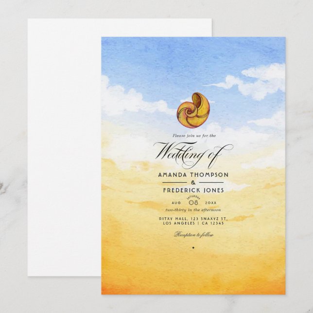 Watercolor Summer Beach Wedding Invitation (Front/Back)