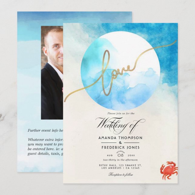 Watercolor Summer Beach Wedding Photo Invitation (Front/Back)
