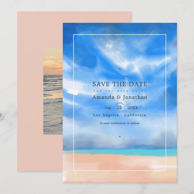 Watercolor Summer Beach Wedding Photo Save The Dat Date (Front/Back)