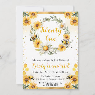 Watercolor Summer Bee and Sunflowers 21st Birthday Invitation