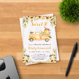 Watercolor Summer Bee Truck & Sunflowers Sweet 16 Acrylic Invitations