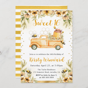 Watercolor Summer Bee Truck & Sunflowers Sweet 16 Invitation