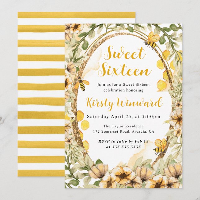Watercolor Summer Bees and Flowers Sweet Sixteen Invitation (Front/Back)