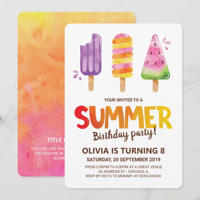Watercolor Summer Birthday Party Invitation (Front/Back)