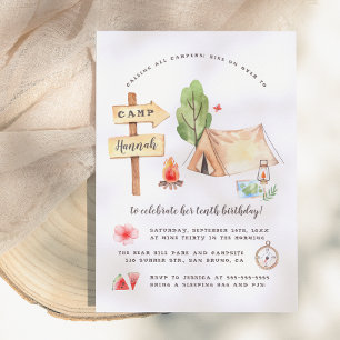 Watercolor Summer Camping Girls Birthday Party Invitation