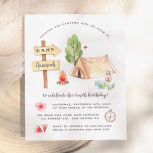 Watercolor Summer Camping Girls Birthday Party Invitation Postcard