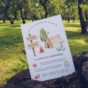 Watercolor Summer Camping Girls Birthday Party Invitation Postcard by Cali_Graphics at Zazzle