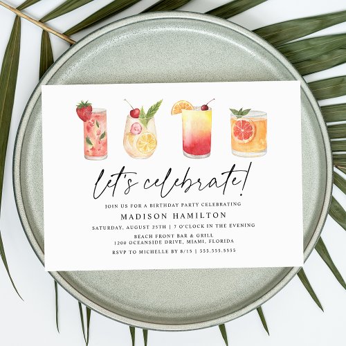 Watercolor Summer Cocktails Birthday Party Invitation