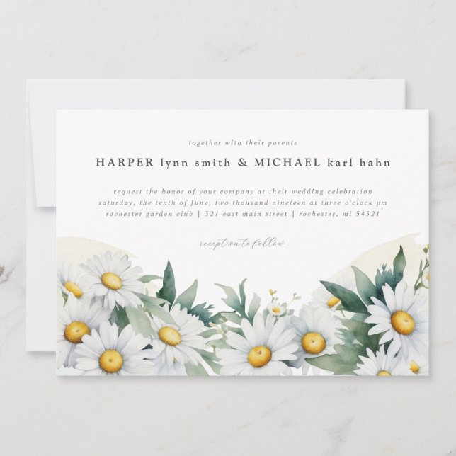 Watercolor summer daisies wedding invitation (Front)