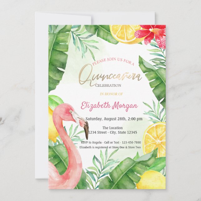 Watercolor Summer Flamingo Quinceanera Invitation (Front)