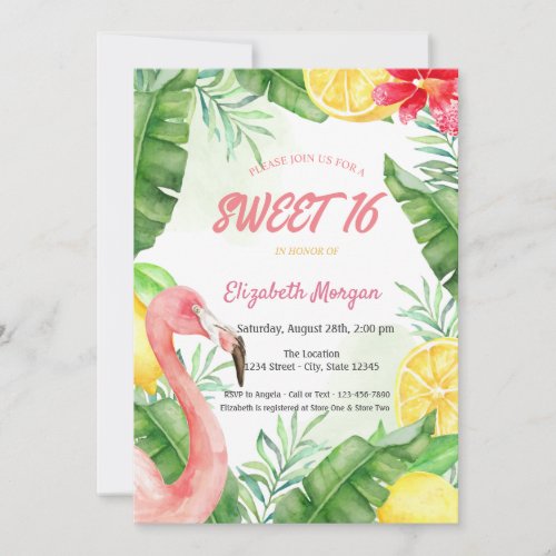 Watercolor Summer Flamingo Sweet 16 Invitation