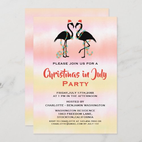 Watercolor Summer Flamingos Christmas In July  Invitation