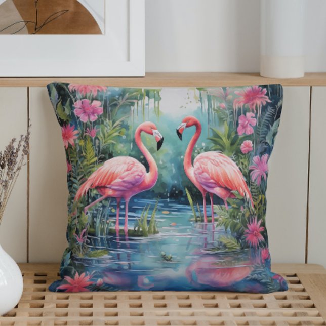 Watercolor Summer Flamingos Throw Pillow (Creator Uploaded)