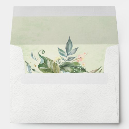 Watercolor Summer Floral Envelope - Delicate summer flowers and greenery provide a lovely wrapping for your baby shower, bridal shower, wedding, anniversary, or birthday invitation.  Blush peach, soft yellow, and sage green floral on light green watercolors on the inside contrast nicely with the white outside.  Having envelopes pre-printed with your return address delivered to your home will save you a lot of time while you're busy planning your event. Matching items are available in the Summer Floral Collection in my store.