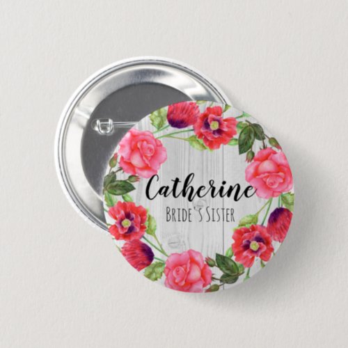 Watercolor Summer Flowers Circle Wreath Design Button