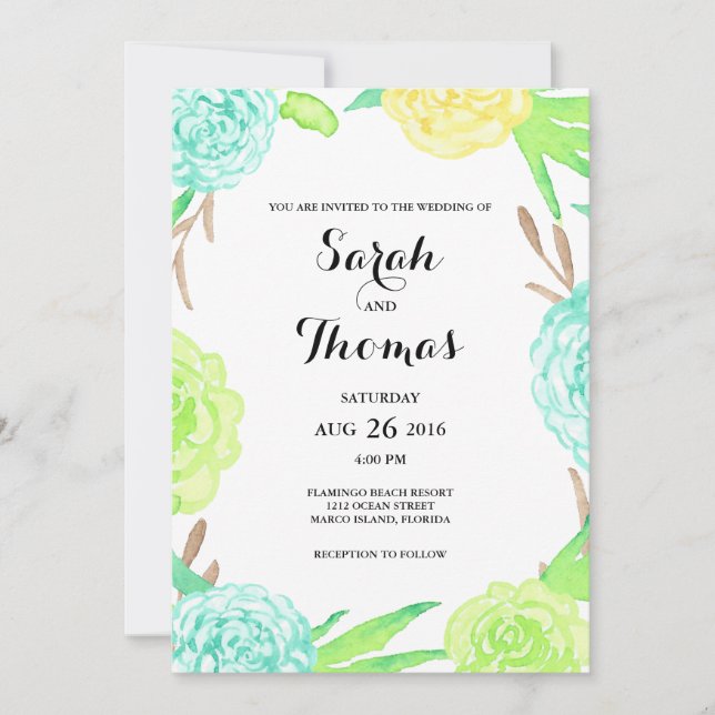 Watercolor Summer Flowers Wedding Invitation (Front)