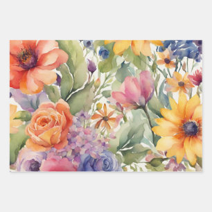 Watercolor Summer Flowers Wrapping Paper Sheets