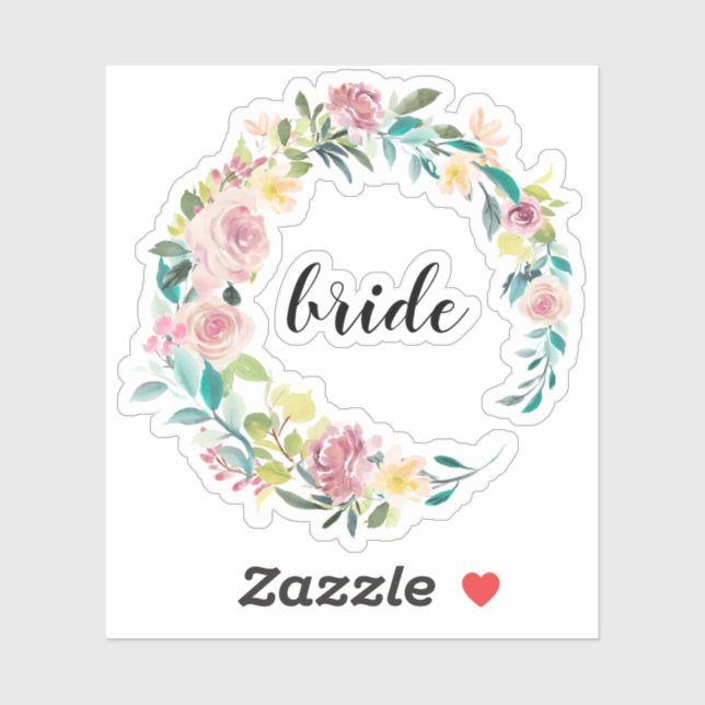 Watercolor summer flowers wreath, Bride typography Sticker (Sheet)
