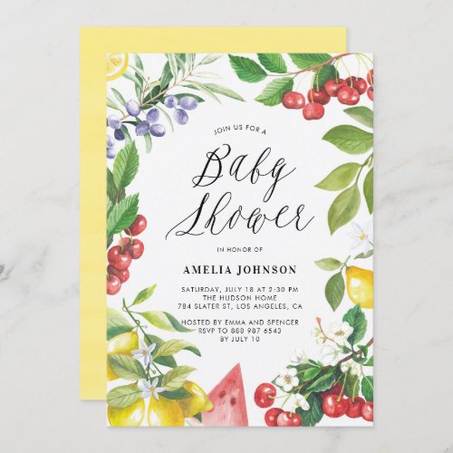 Watercolor Summer Fruits Floral Baby Shower Invitation