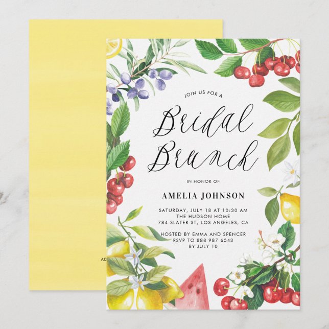 Watercolor Summer Fruits Floral Bridal Brunch Invitation (Front/Back)