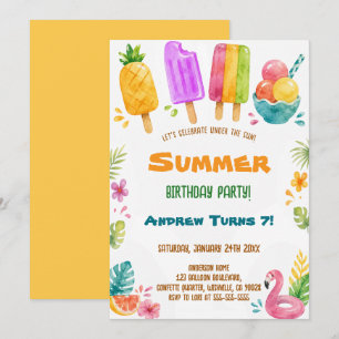 Watercolor Summer Ice Cream Pool Party Birthday Invitation